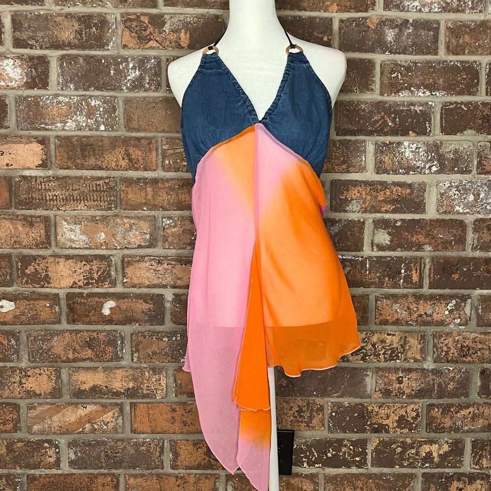 Blue Denim/Pink & Orange Sheer Halter Top